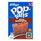 A box of Kellogg's Pop-Tarts Frosted Chocotastic, showcasing a pastry image, nutritional icons, and an American flag emblem with the label "8 x 48g.